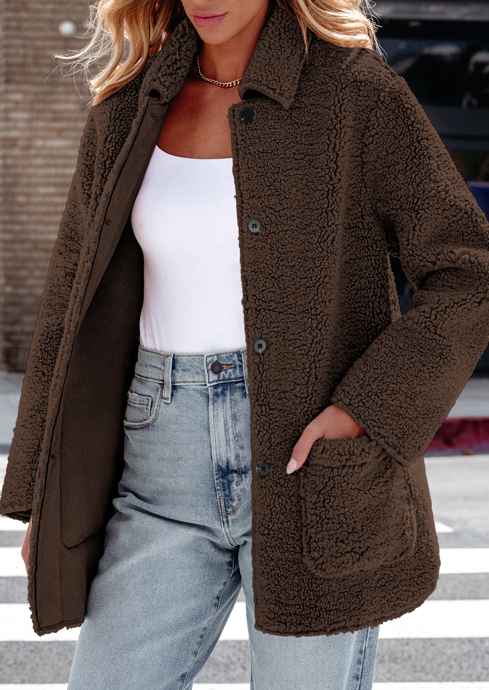 PRETTYGARDEN Women's Winter Faux Fur Coats Long Sleeve Lapel Button Down Pockets Fleece Sherpa Jacket Casual Trendy Outerwear