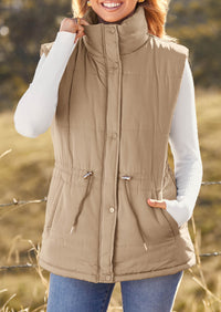 Casual Button Zipper Vest, Drawstring Sleeveless Jacket