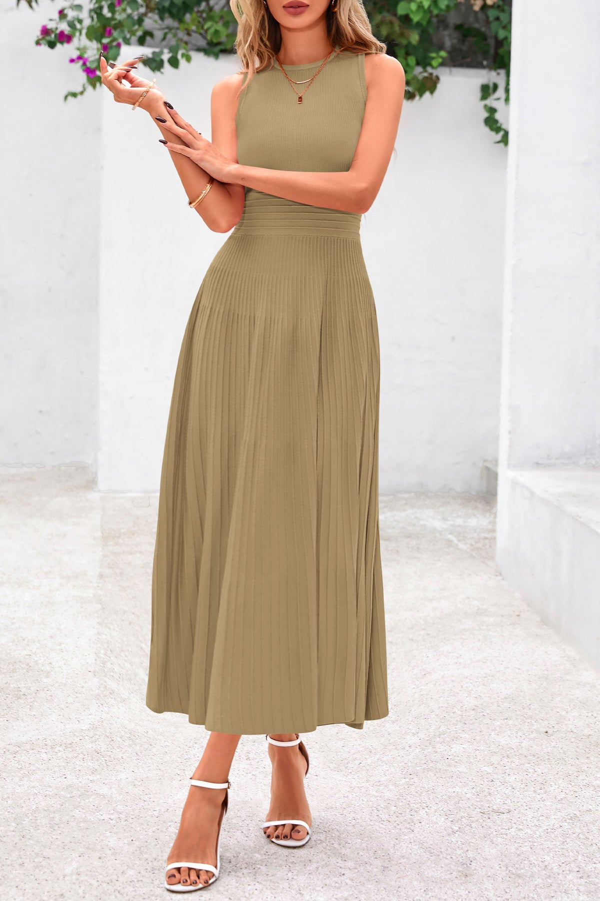 Sleeveless Crew Neck Knit A Line Pleated Swing Wedding Guest Casual Midi Dresses