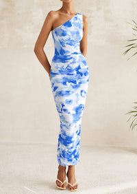 One Shoulder Bodycon Printed Ruched Mesh Party Cocktail Fitted Long Dress