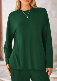 Long Sleeve High Low Tops T-Shirts Wide Leg Pants Two Piece Sets