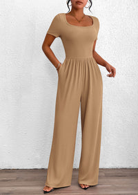 Casual Short Sleeve Square Neck Wide Leg Jumpsuits