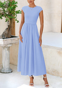 Casual Cap Sleeve Patchwork A Line Flowy Elegant Homecoming Maxi Dress