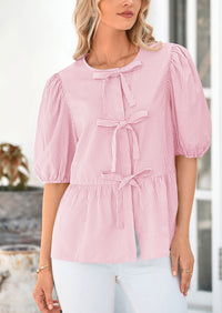 Striped Round Neck Front, Lace Up Bubble Sleeves Tops