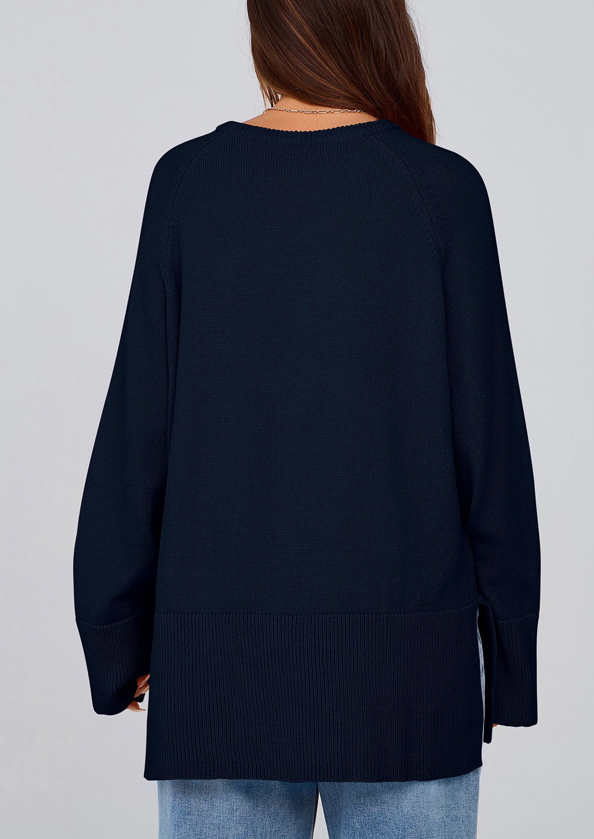 Knit Long Sleeve Crew Neck Split Hem Loose Oversized Tunic Sweaters