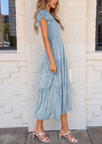 Floral  Summer Cap Sleeve Smocked Ruffle A Line Long Flowy Wedding Guest Midi Dresses