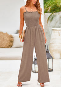 Linen Smocked Spaghetti Strap Pockets Wide Leg Jumpsuits