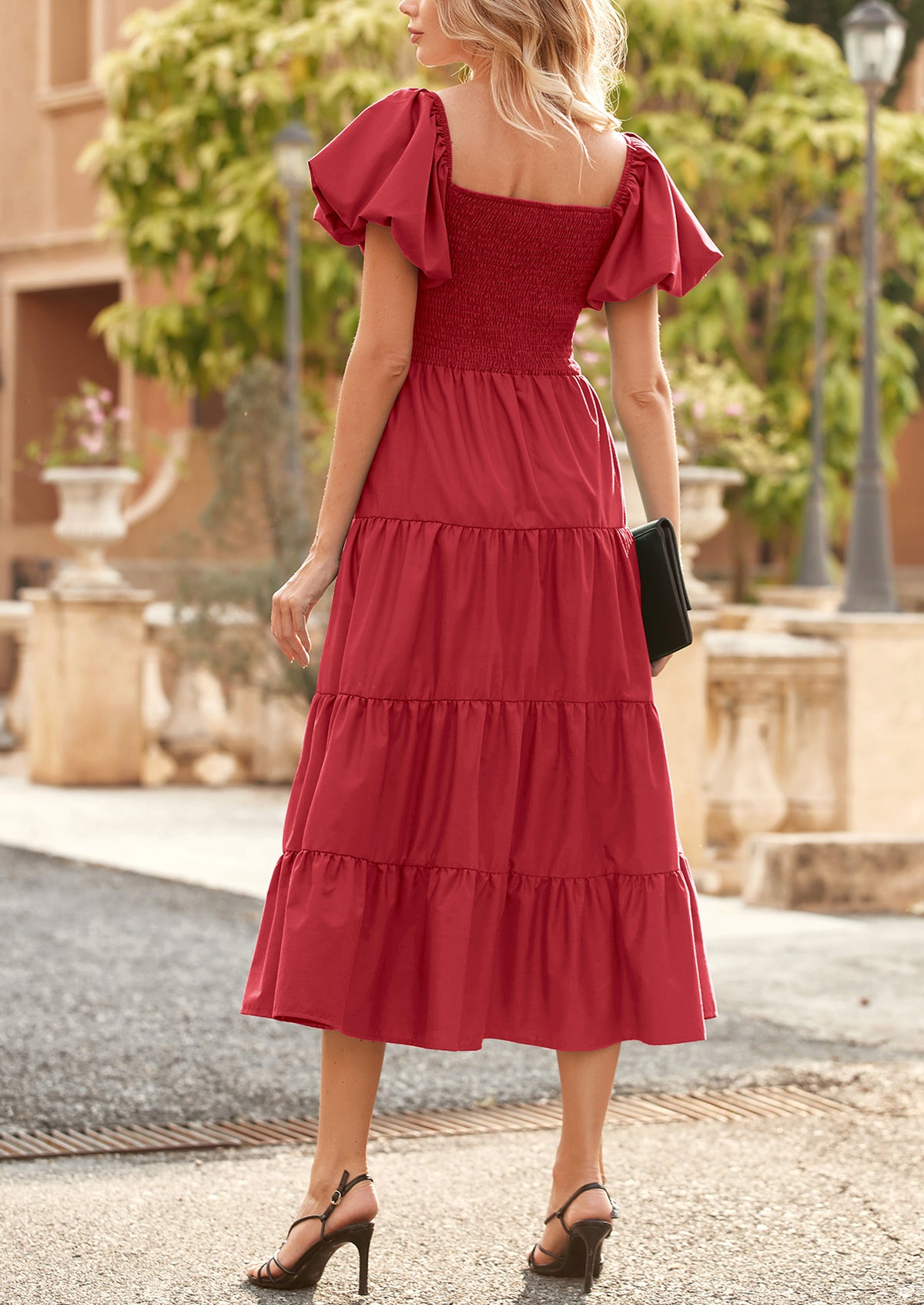 Casual Short Sleeved Square Neck Layered Pleated Dress