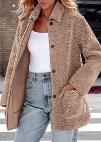 Long Sleeve Lapel Button Down Pockets Fleece Faux Fur Coats