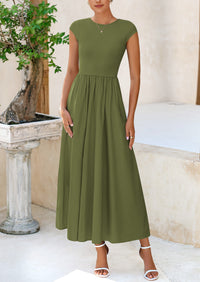 Casual Cap Sleeve Patchwork A Line Flowy Elegant Homecoming Maxi Dress