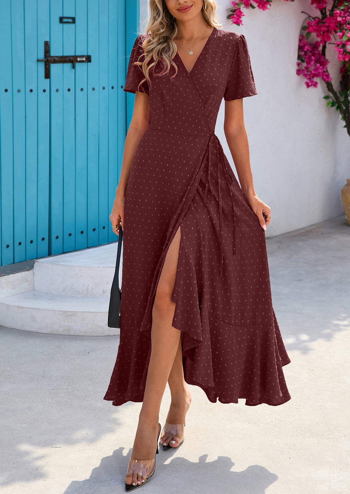 Leisure Bohemian Flower V-Neck Short Sleeved Ruffled Beach Long Skirt