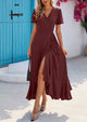 Leisure Bohemian Flower V-Neck Short Sleeved Ruffled Beach Long Skirt