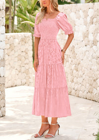 Casual Square Neck Short Sleeve Smocked A Line Floral Flowy Elegant Boho Midi Dresses
