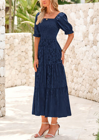 Casual Square Neck Short Sleeve Smocked A Line Floral Flowy Elegant Boho Midi Dresses