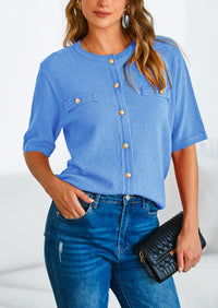 Button Down Casual Short Sleeve Crew Neck Ribbed Knit Shirts