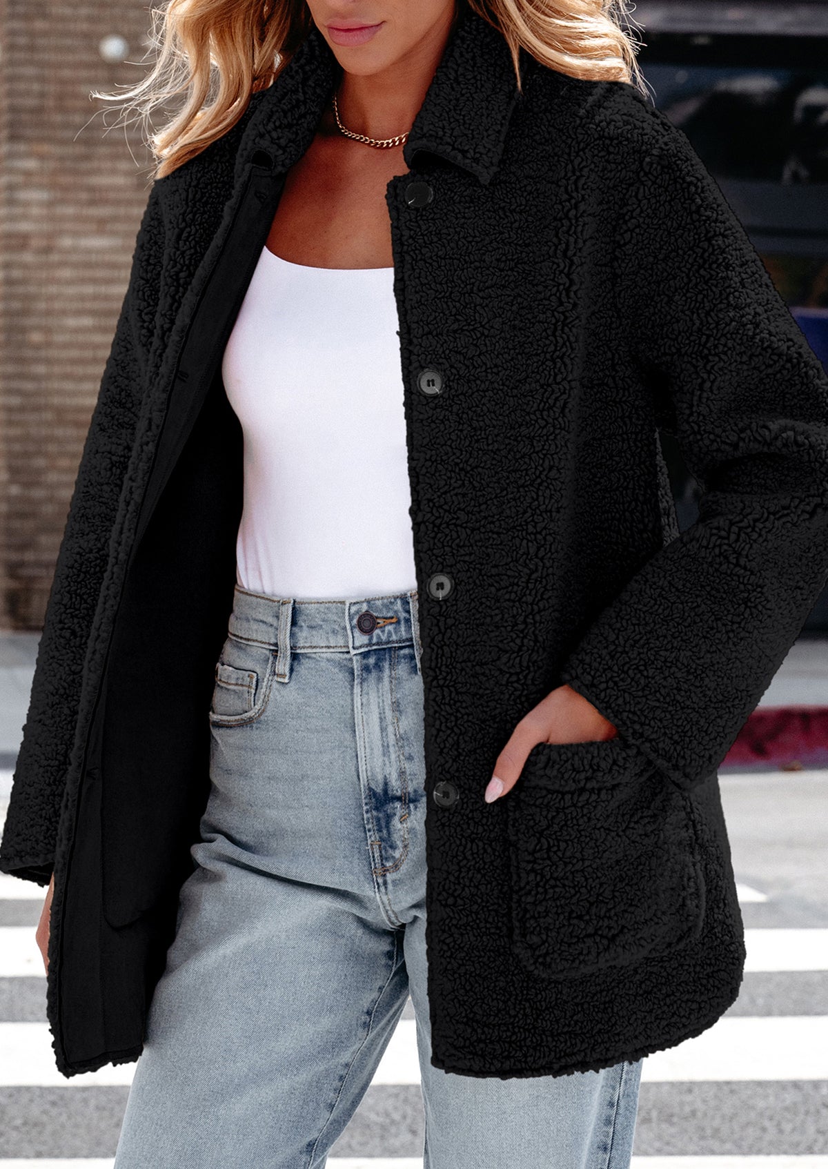 Long Sleeve Lapel Button Down Pockets Fleece Faux Fur Coats