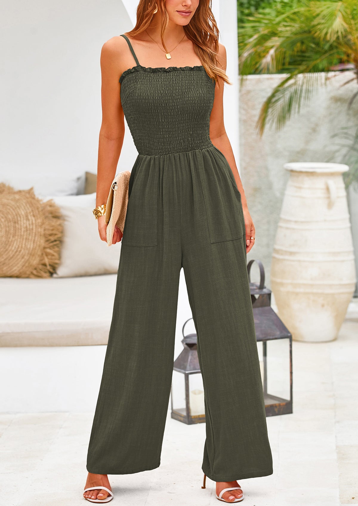 Linen Smocked Spaghetti Strap Pockets Wide Leg Jumpsuits