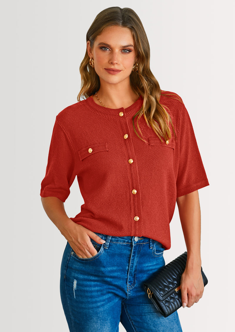 PRETTYGARDEN Women's Summer Button Down Shirts Casual Short Sleeve Crew Neck Ribbed Knit Blouse Top Cardigans