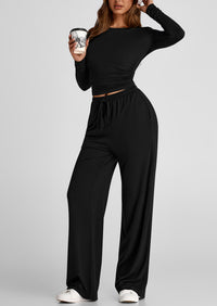 Long Sleeve Crop Tee Wide Leg Pants Two Piece Sets
