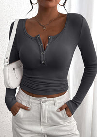 Long Sleeved V-Neck Button Slim Knit Solid Color Casual Shirt