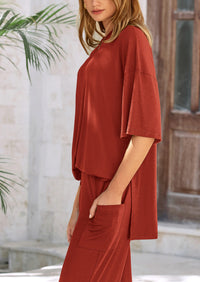 Short Sleeve Pullover Tops And Wide Leg Pants Two Piece Sets