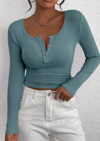 Long Sleeved V-Neck Button Slim Knit Solid Color Casual Shirt