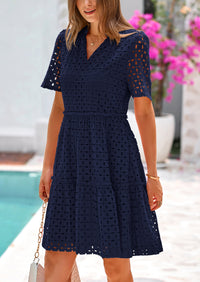 Short Sleeve V Neck Hollow Out Eyelet Ruffle A Line Swing Mini Dress
