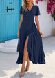 Leisure Bohemian Flower V-Neck Short Sleeved Ruffled Beach Long Skirt