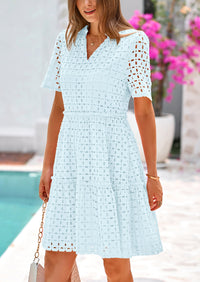 Short Sleeve V Neck Hollow Out Eyelet Ruffle A Line Swing Mini Dress