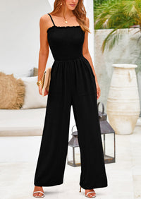 Linen Smocked Spaghetti Strap Pockets Wide Leg Jumpsuits
