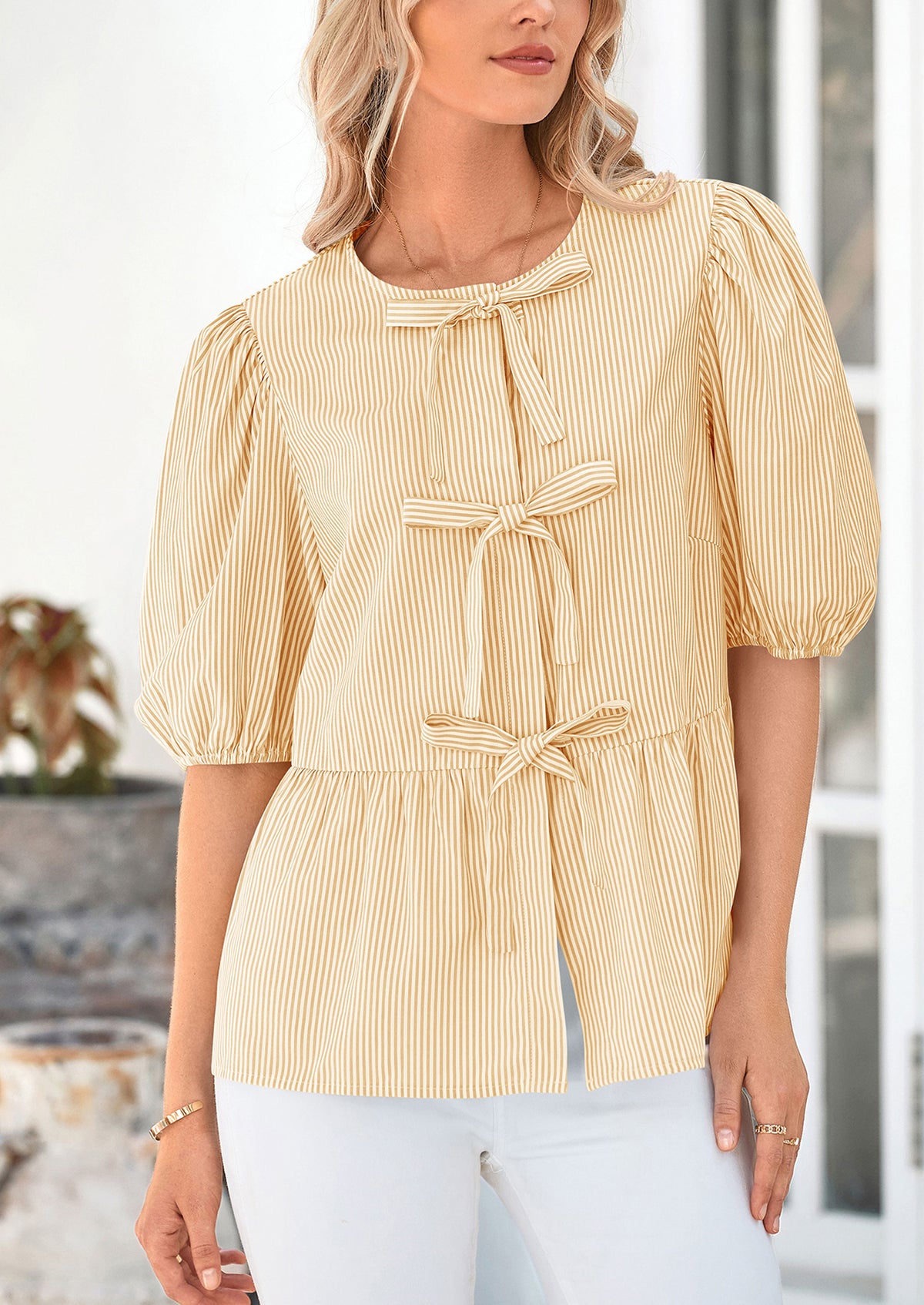 Striped Round Neck Front, Lace Up Bubble Sleeves Tops