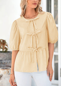 Striped Round Neck Front, Lace Up Bubble Sleeves Tops