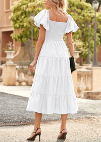 Casual Short Sleeved Square Neck Layered Pleated Dress