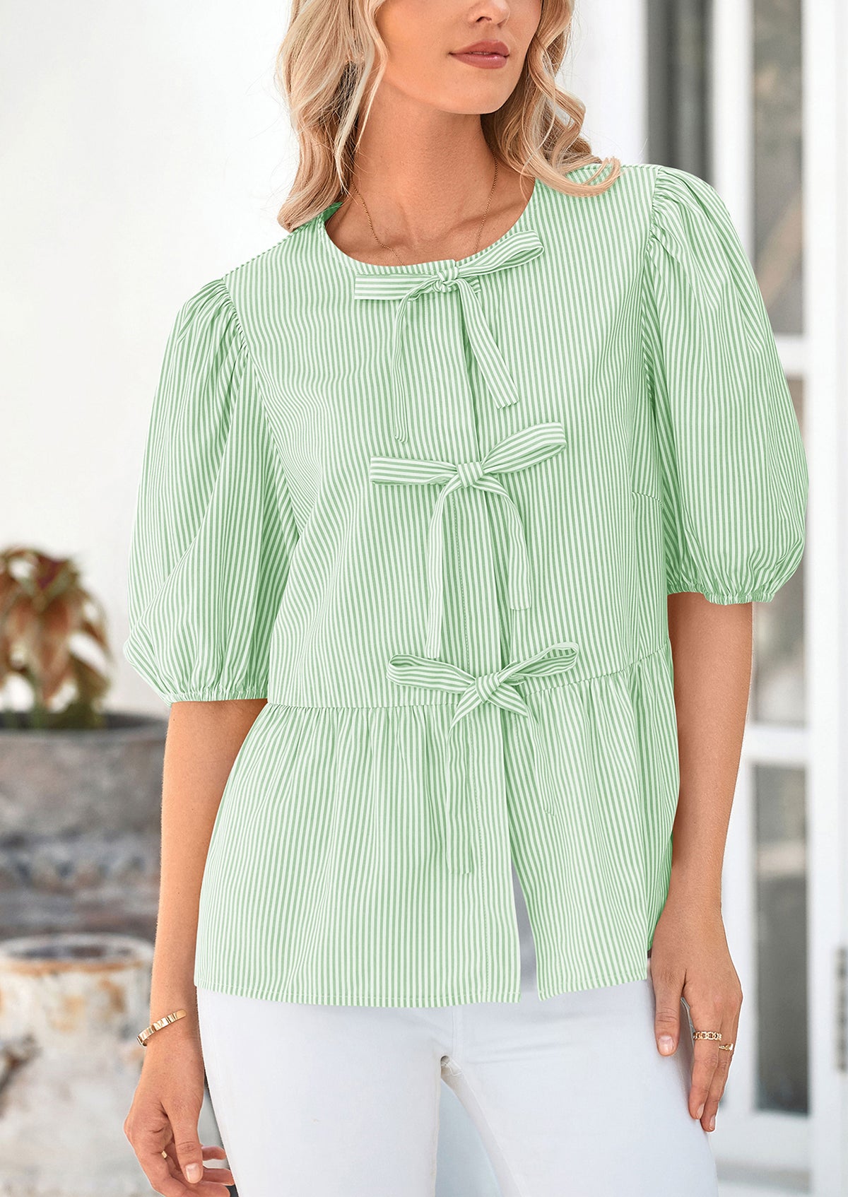 Striped Round Neck Front, Lace Up Bubble Sleeves Tops