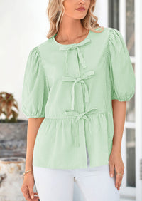 Striped Round Neck Front, Lace Up Bubble Sleeves Tops