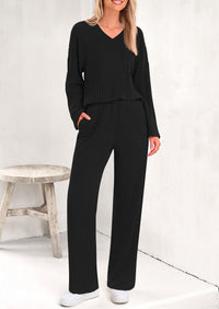 Knitted Long Sleeved V-Neck Pullover, Wide Leg Long Pants Two-Piece Set