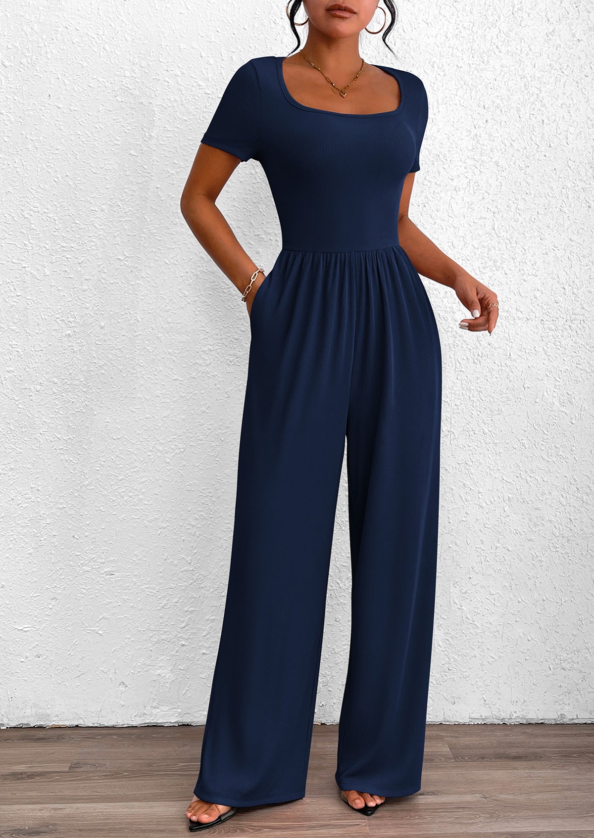 Casual Short Sleeve Square Neck Wide Leg Jumpsuits