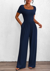 Casual Short Sleeve Square Neck Wide Leg Jumpsuits