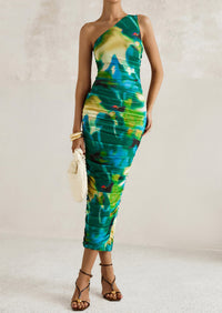One Shoulder Bodycon Printed Ruched Mesh Party Cocktail Fitted Long Dress