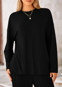 Long Sleeve High Low Tops T-Shirts Wide Leg Pants Two Piece Sets