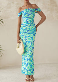 Ruched Bodycon Off Shoulder Floral Mesh Cocktail Party Fitted Maxi Dress