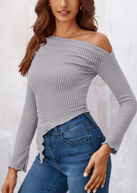 Long Sleeve Y2K Crop Top Off Shoulder Asymmetrical Fitted Knit Blouses