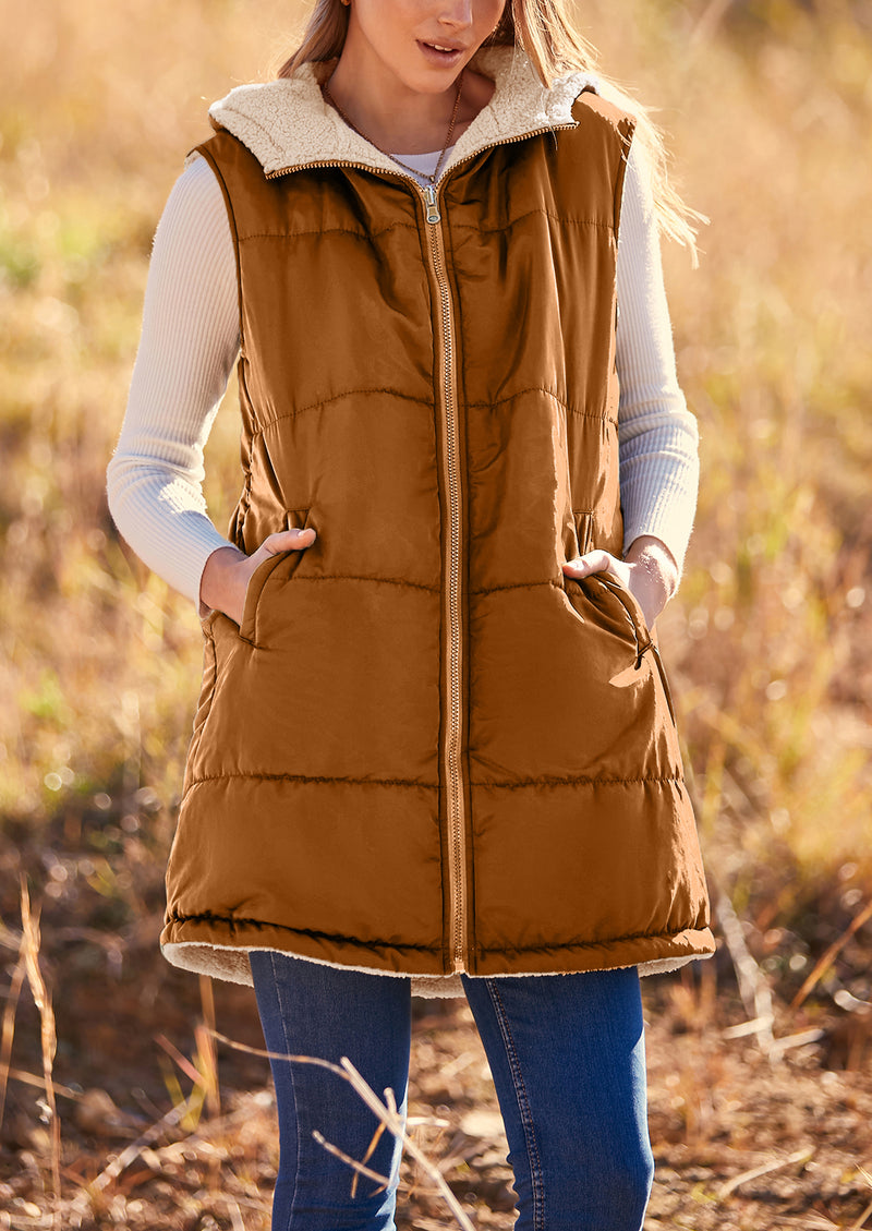 PRETTYGARDEN Womens Fall Reversible Vests Sleeveless Fleece Jacket Zip Up Hoodie Pockets Long Warm Winter Coat Outerwear