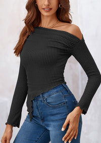 Long Sleeve Y2K Crop Top Off Shoulder Asymmetrical Fitted Knit Blouses