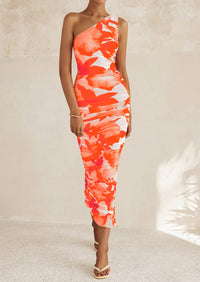 One Shoulder Bodycon Printed Ruched Mesh Party Cocktail Fitted Long Dress