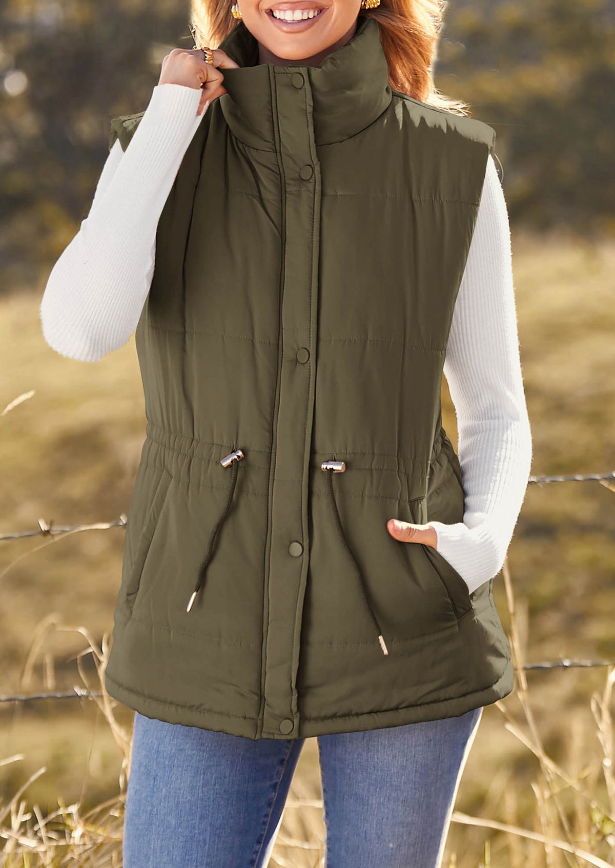 Casual Button Zipper Vest, Drawstring Sleeveless Jacket