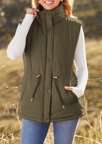 Casual Button Zipper Vest, Drawstring Sleeveless Jacket