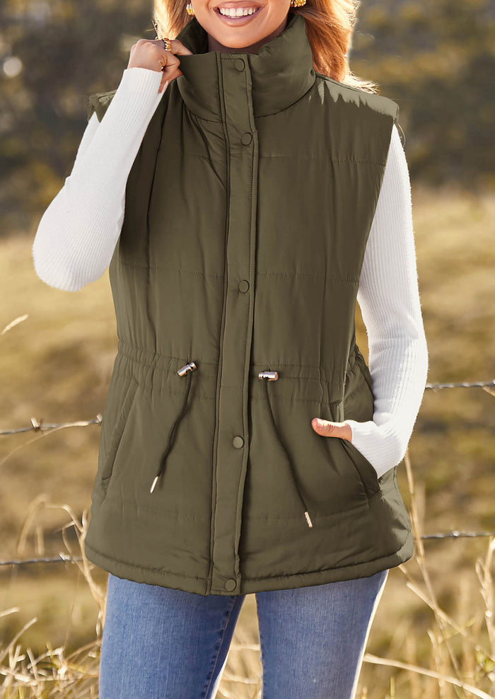 Casual Button Zipper Vest, Drawstring Sleeveless Jacket