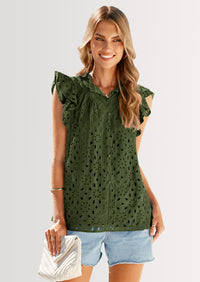 PRETTYGARDEN Womens Summer Tops 2025 Dressy Casual Ruffle Cap Sleeve Button V Neck Embroidered Eyelet Blouses Shirts
