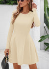PRETTYGARDEN Long Sleeve Mini Dress for Women Fall Crewneck Knit Pleated Babydoll A Line Soft Casual Short Party Dresses